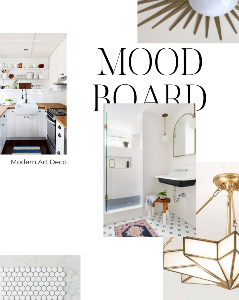 Mood board for sample property with a modern art deco aesthetic. Photos include white kitchen with butcher block benchtops and black hardware, Art Deco ceiling mount light fixtures, white bathroom with hex or honeycomb tile, a black farmhouse sink and gold accents, and a sample of Tile Cloud's hexagon tile. This design will help the seller get a great return on investment.