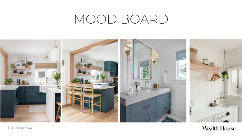 Mood board for the main kitchen, bathroom and laundry room of this potential North Manly pre-sale renovation. Features dark blue cabinetry, light timber floors, white subway tiles and VJ panelling.