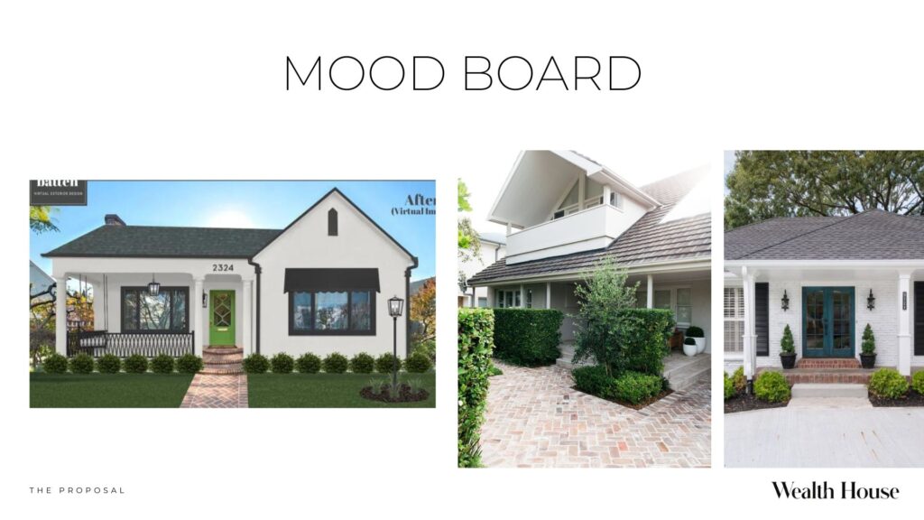 Mood board for the exterior of this potential North Manly pre-sale renovation. Features three images of homes with white painted brick, black accents and white washed brick pavers.