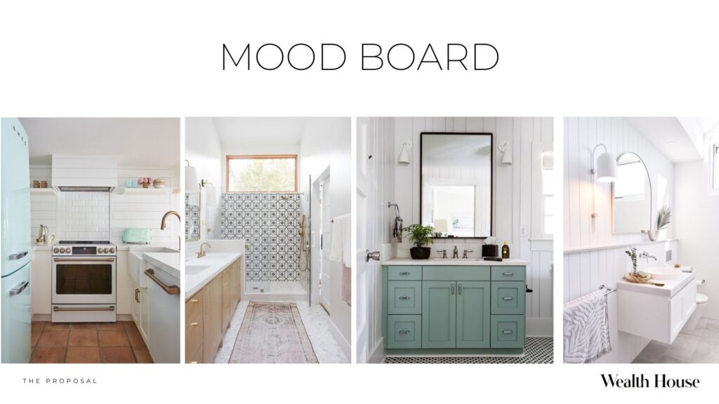 Mood board for the downstairs unit for this hypothetical North Manly pre-sale renovation. Features white cabinets and VJ panelling and beachy details like a light blue Smeg fridge and seafoam green vanity.