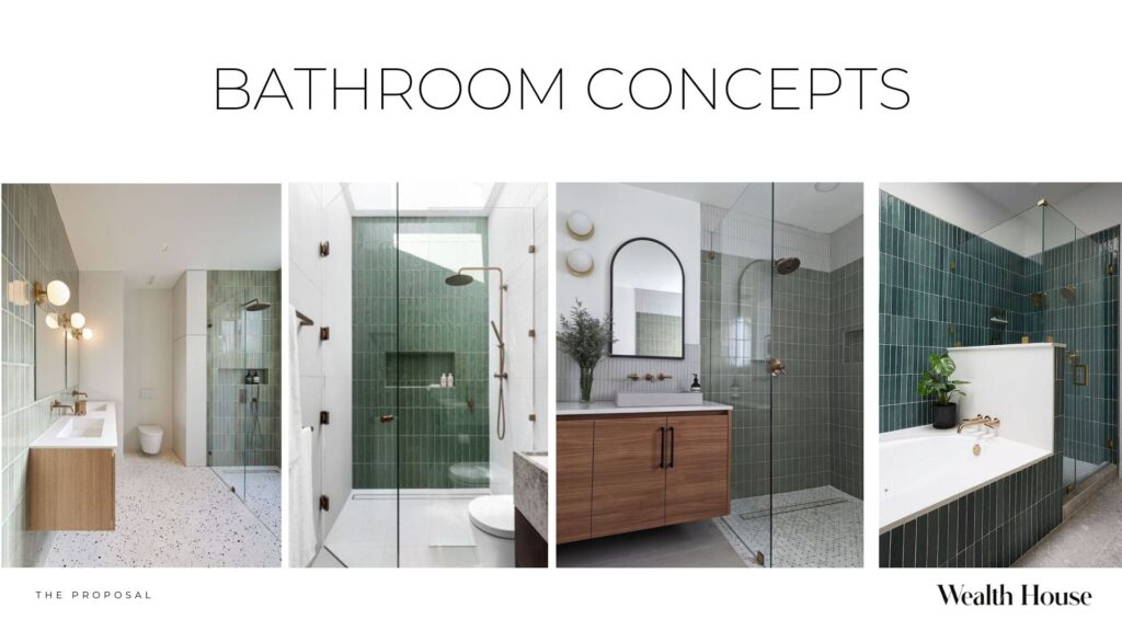 Bathrooms concepts for this Manly unit renovation featuring green tiles, terrazzo flooring and a timber vanity.