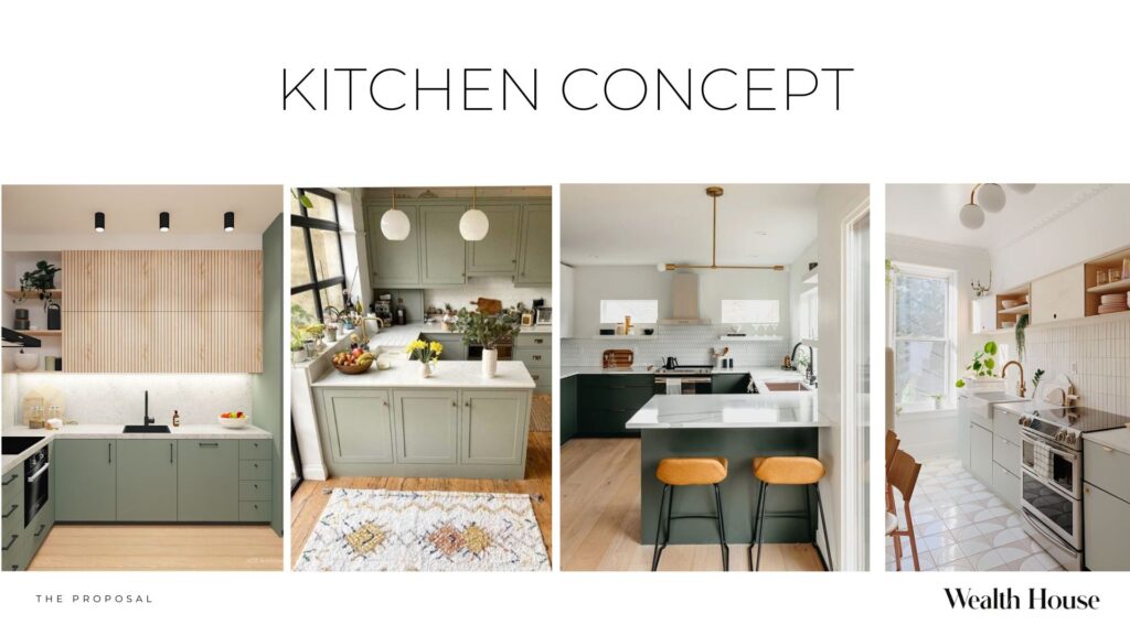 Kitchen concept for the Manly unit renovation featuring green cabinets, white benchtops and a painted floor.
