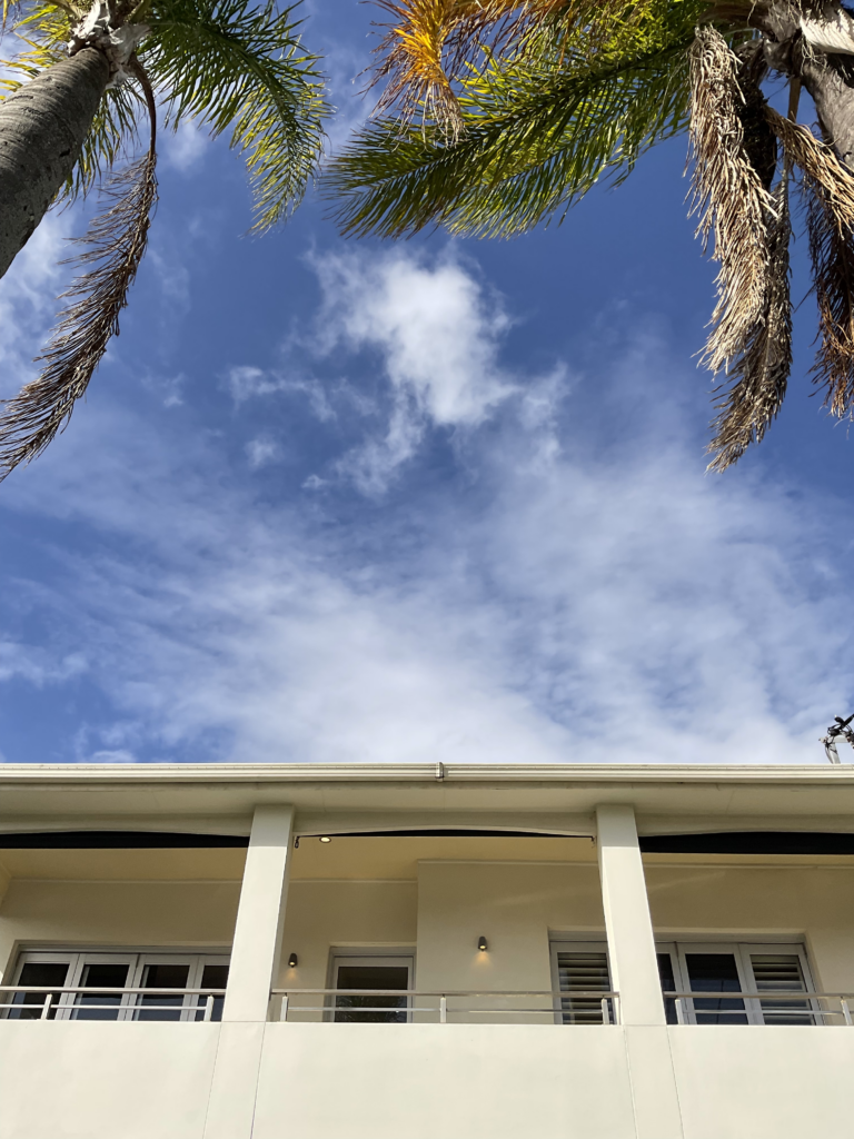 Exterior of 88 Clareville Avenue looking up at the 1st floor and sky and palm trees