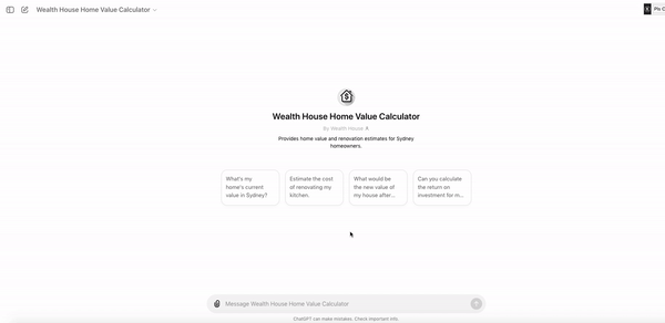 Short video of the AI-powered home value calculator in action showing how it uses a custom ChatGPT for Sydney homeowners to input their home's information and get specialised results