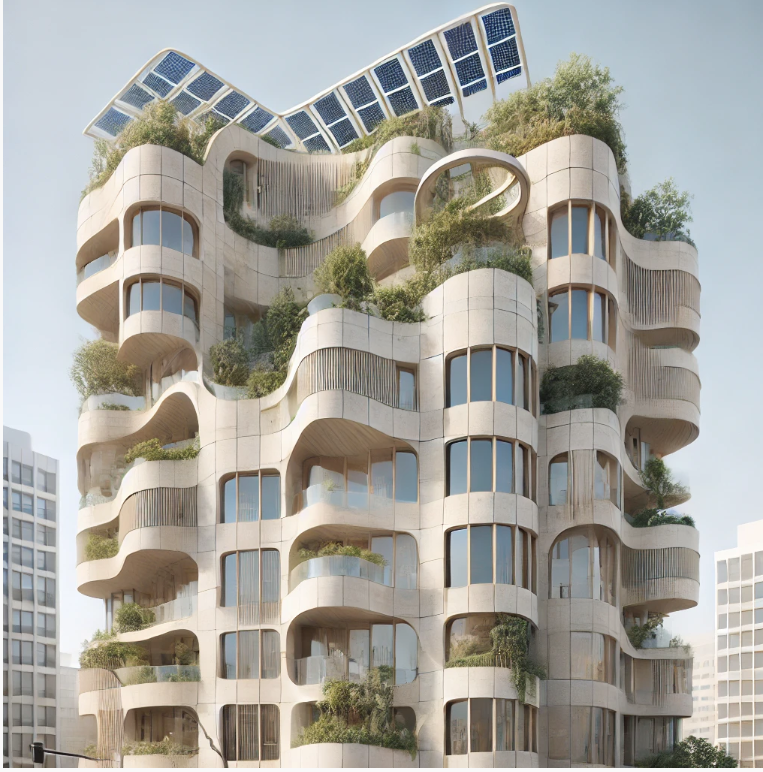 AI generated image of what a solar punk apartment building might look like in Sydney infusing curves and modern surrealism