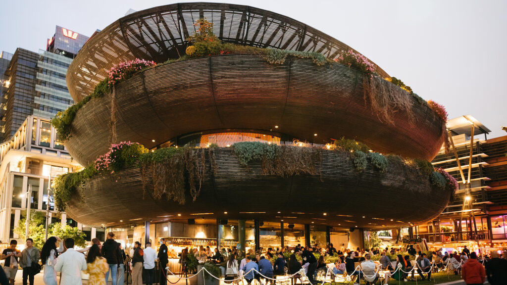 Barangaroo House, a multi level restaurant complex with plants hanging off the side