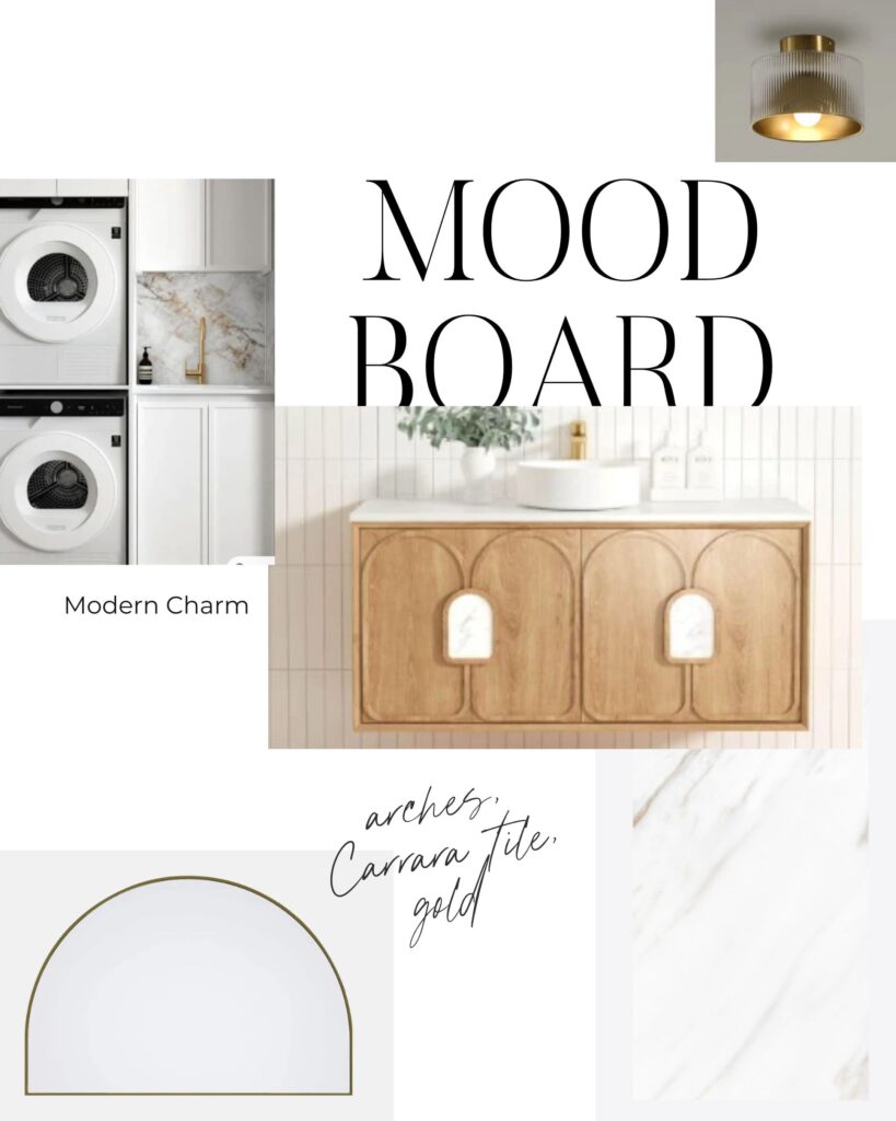 Mood board for the design of this Sydney semi renovation featuring classic designs like carrara marble, arches, and gold accents