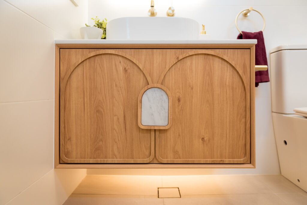 Close of up of the vanity in the post-renovated bathroom
