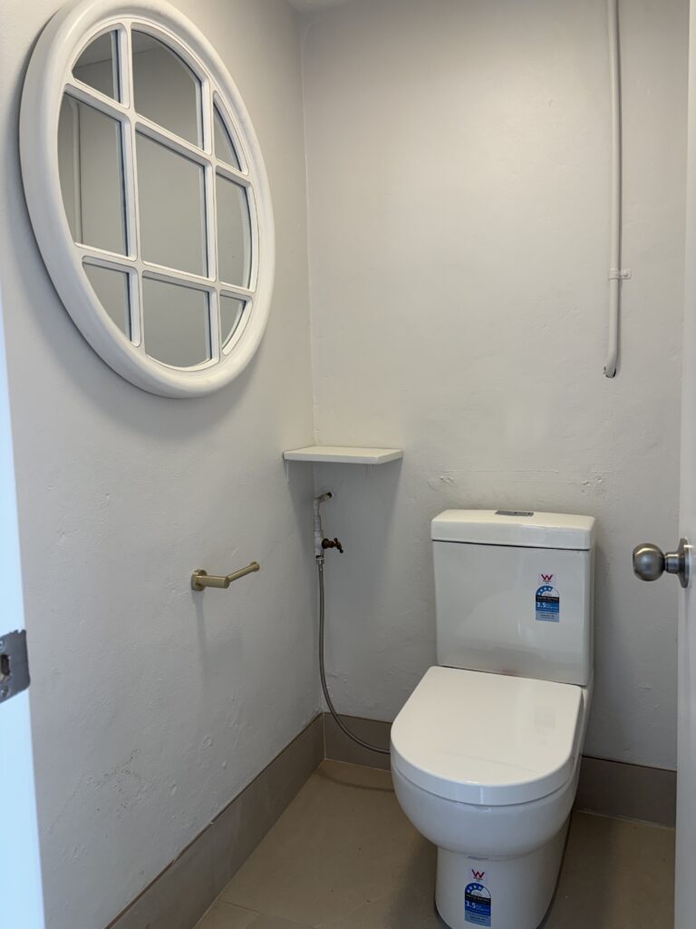 The outdoor toilet had a cosmetic refresh with new fixtures, paint and a mirror